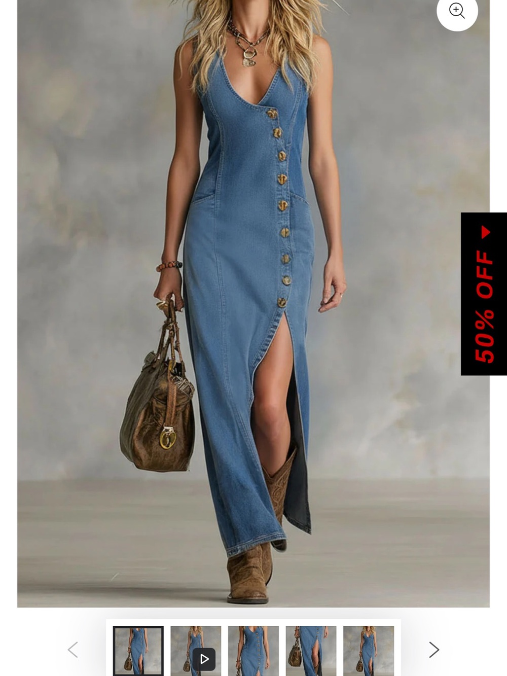 V-Neck Sleeveless Denim Maxi Dress with Front Buttons in Light Blue